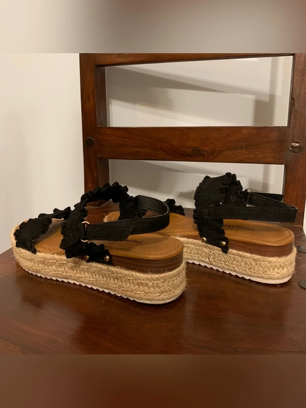 Pierre Dumas Black Ruffled Espadrille Platform Sandals